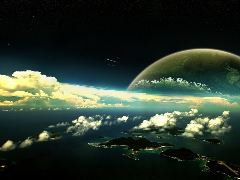 Planet with Islands — Green, Dramatic, Night, Digital Art