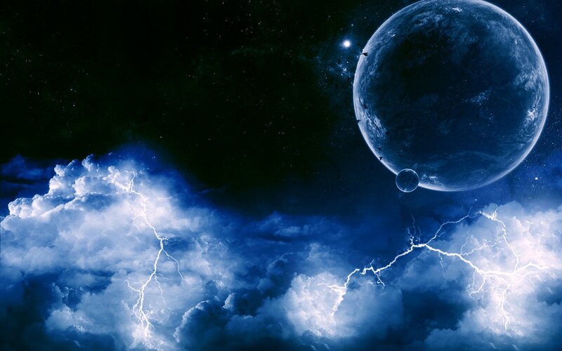 Planet with Lightning Storm — Blue, Dramatic, Night, Digital Art