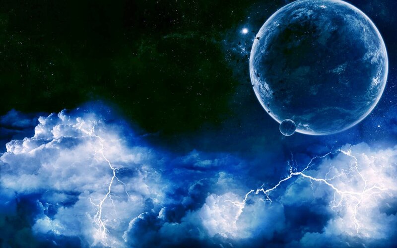 Planet with Lightning Storm — Blue, Dramatic, Night