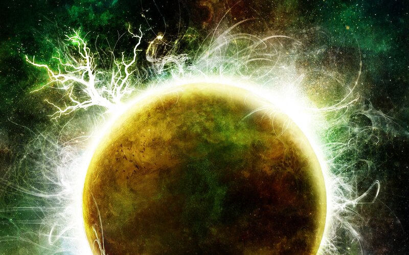 Planet with Lightning Storm — Green, Dramatic