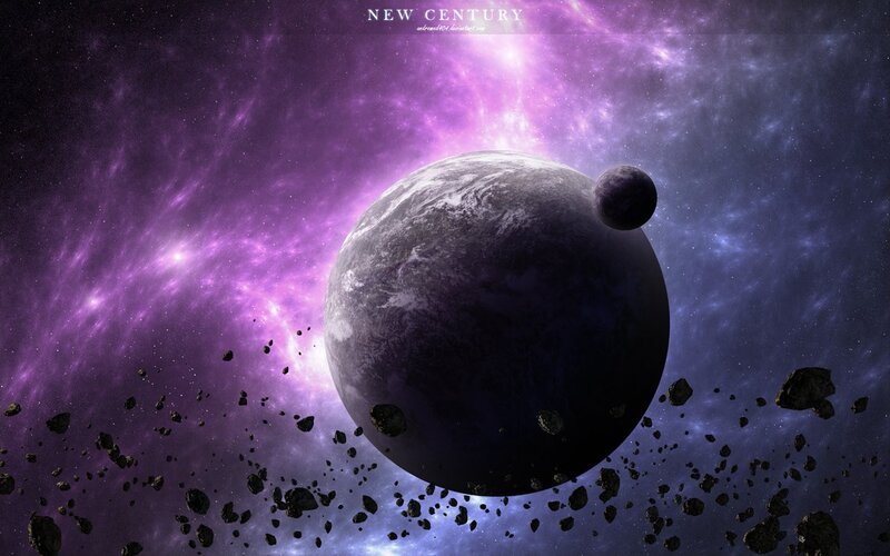 Planet with Moon and Asteroids — Purple