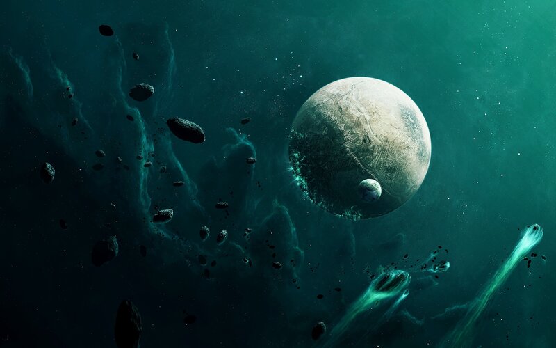 Planet with Moon and Asteroids — Teal, Dramatic