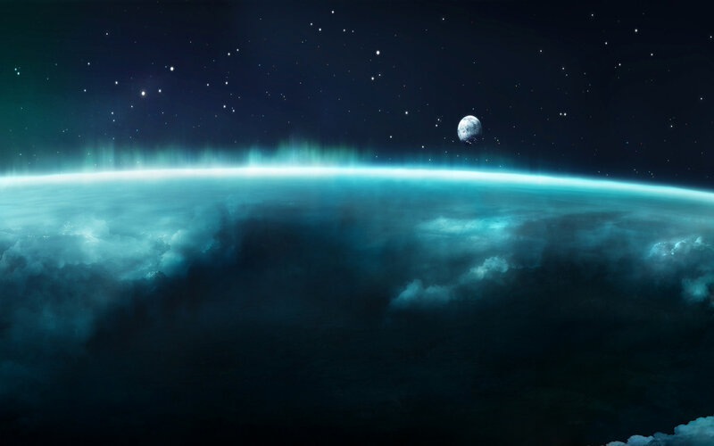 Planet with Moon and Aurora — Blue