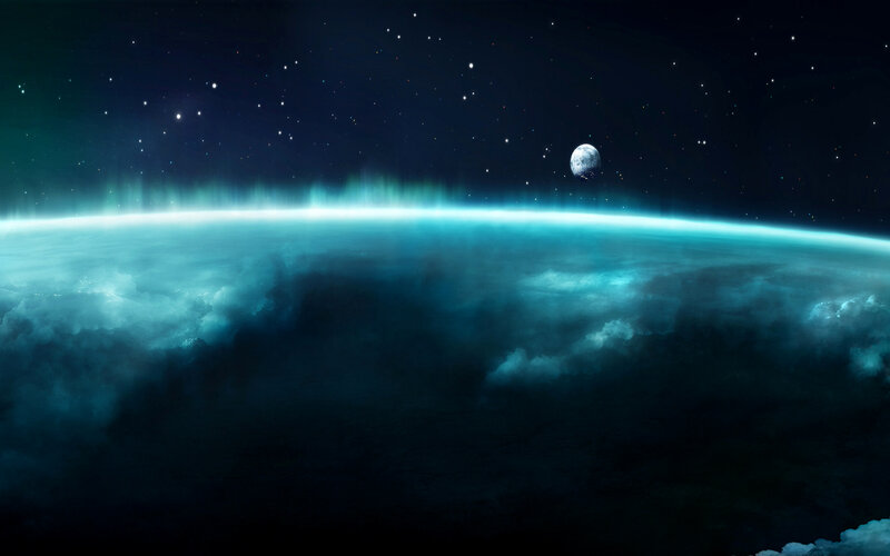 Planet with Moon and Aurora