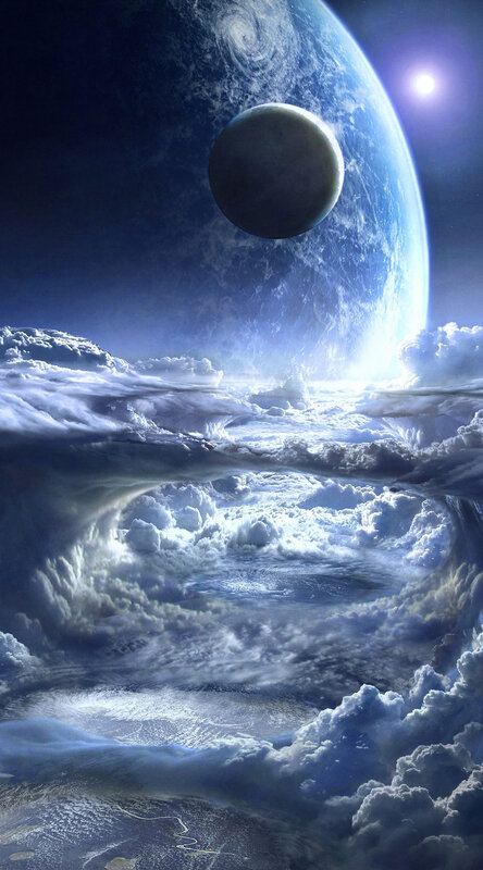 Planet with Moon and Clouds — Blue