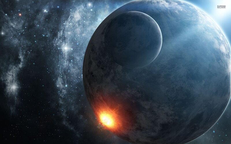 Planet with Moon and Explosion — Blue, Dramatic