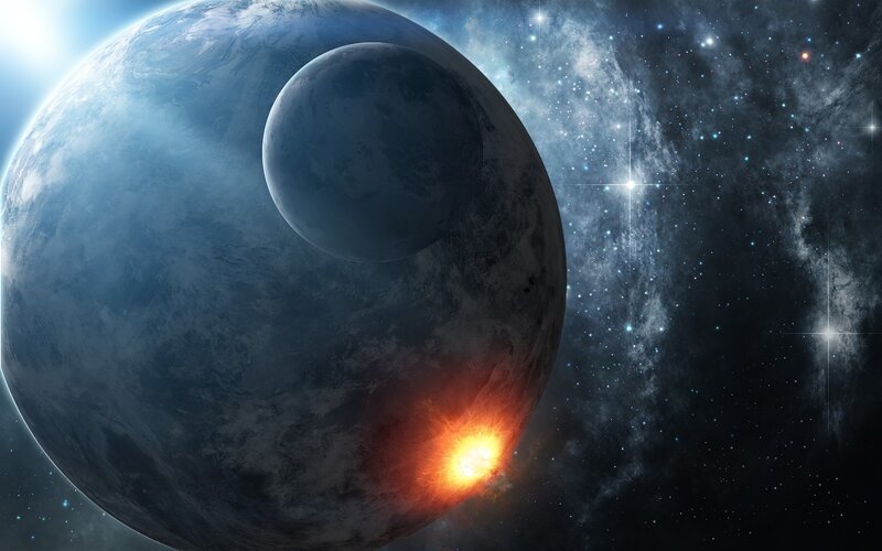 Planet with Moon and Explosion — Blue