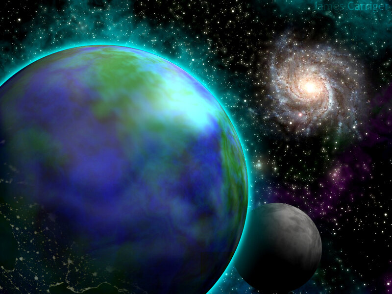 Planet with Moon and Galaxy