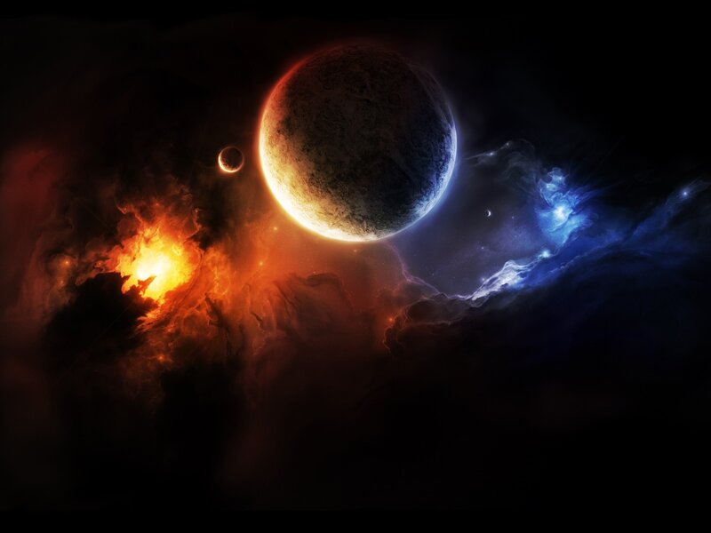Planet with Moon and Nebula — Black