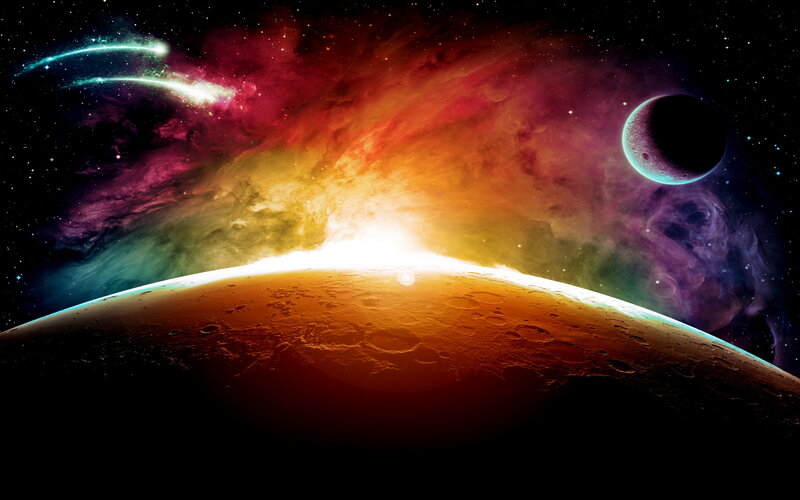Planet with Moon and Nebula — Orange