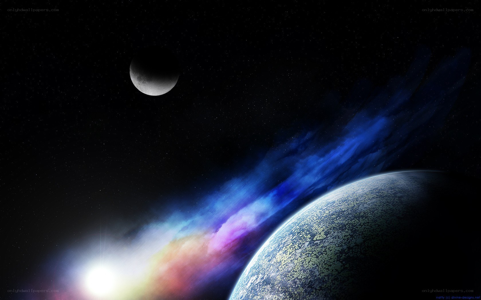 Planet with moon and nebula