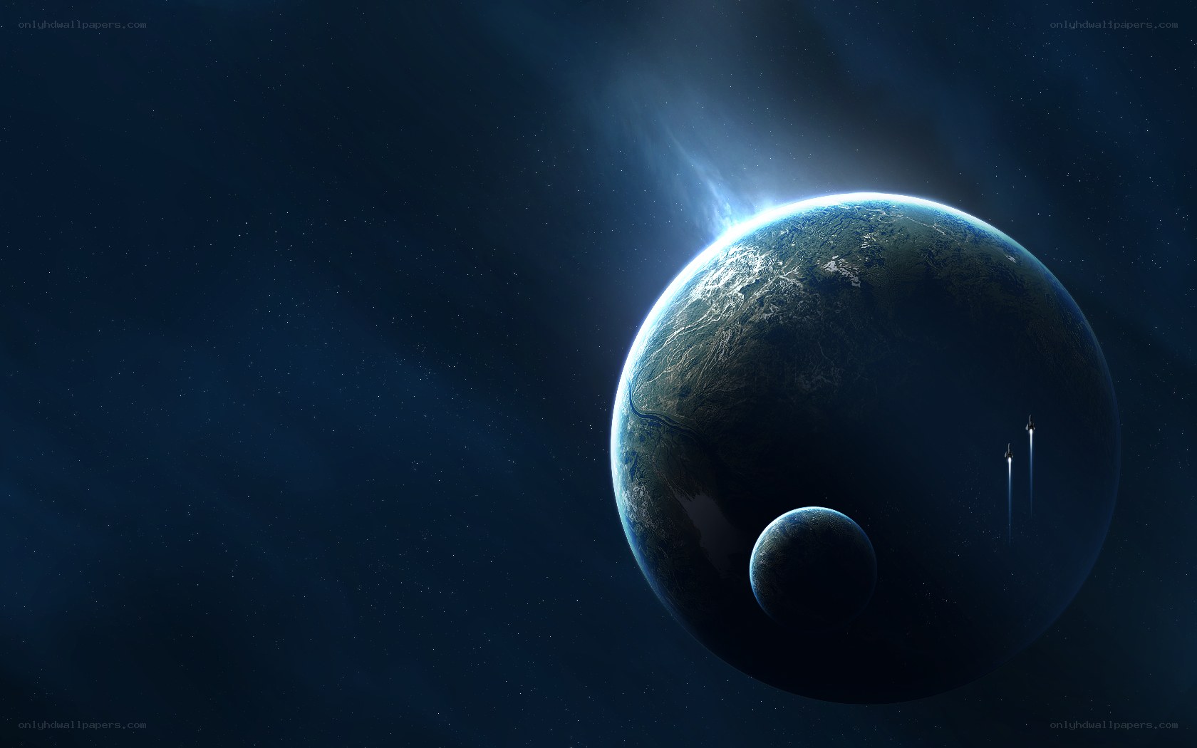 Planet with moon and rockets