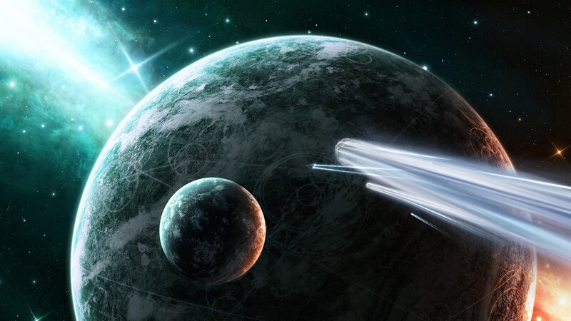 Planet with Moon and Ships