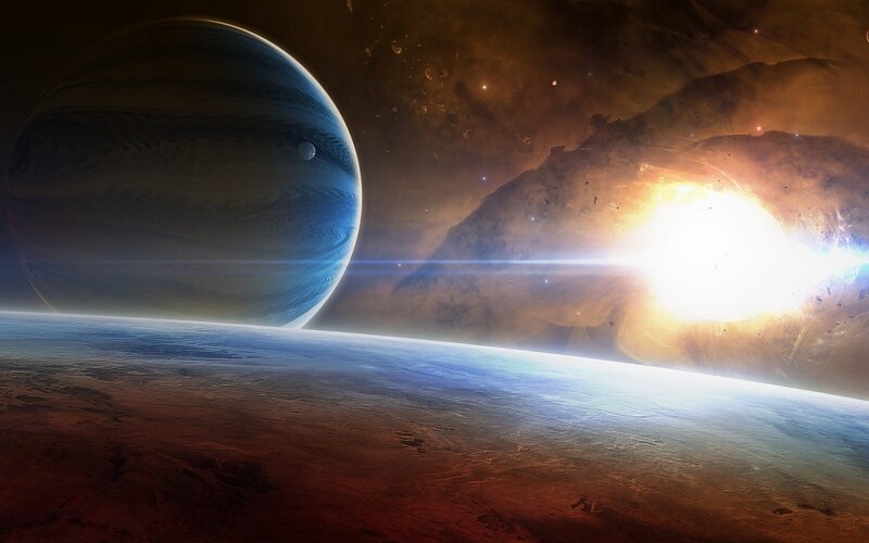 Planet with Moon and Star — Blue