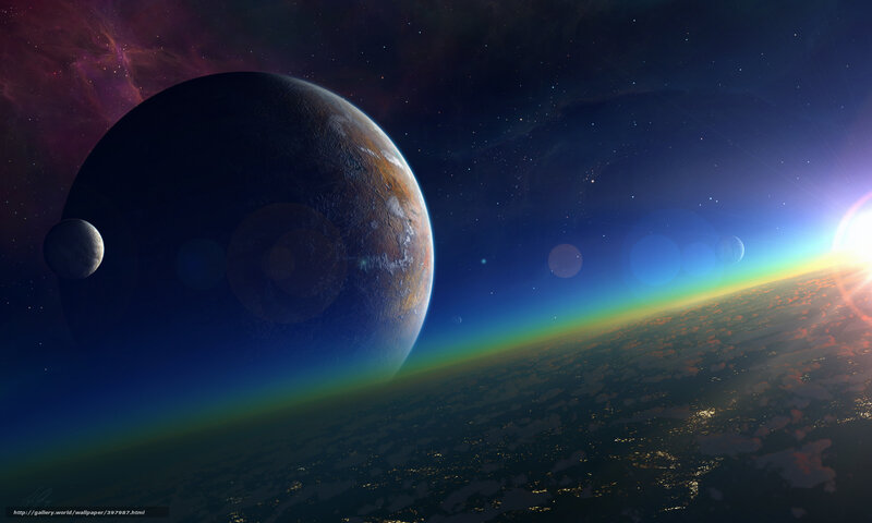 Planet with moon and starry sky