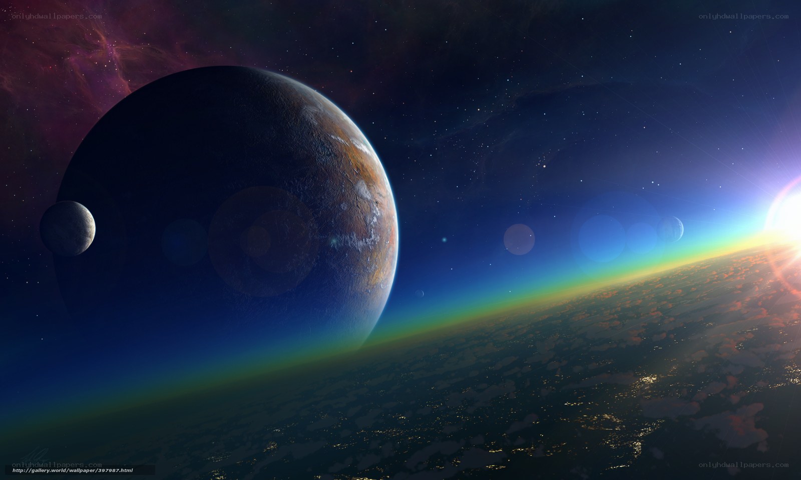 Planet with moon and starry sky