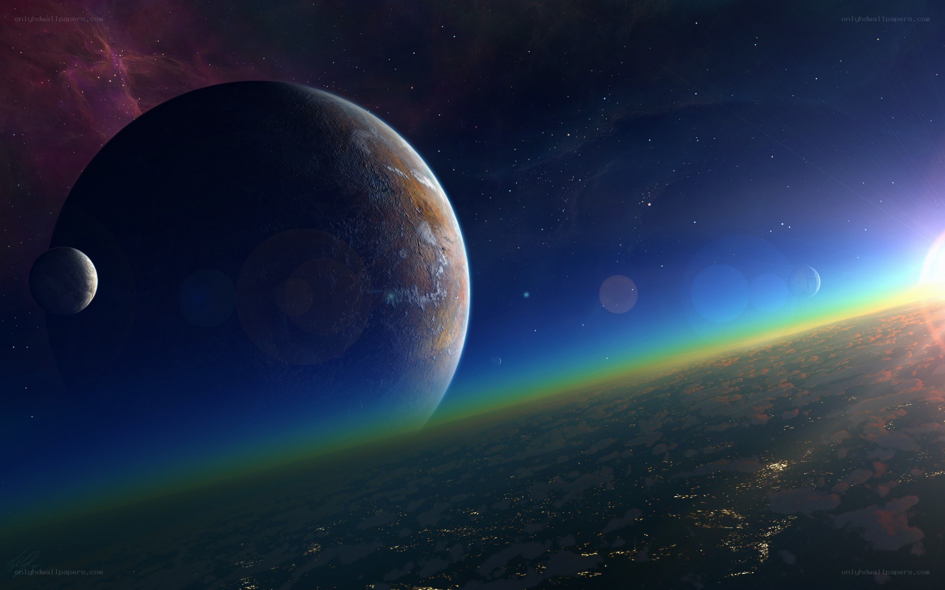 Planet with moon and stars