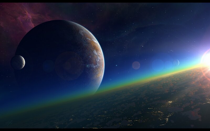 Planet with Moon and Sun