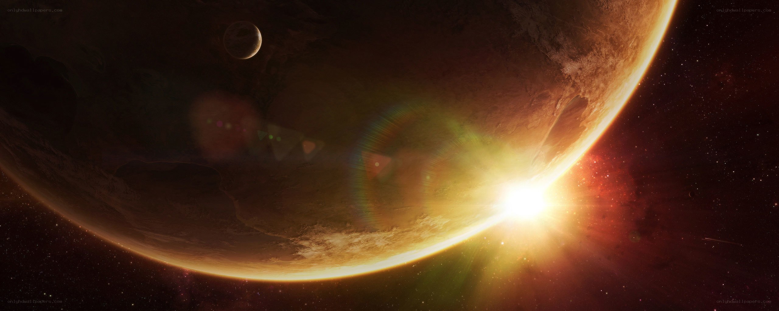 Planet with moon and sunrise