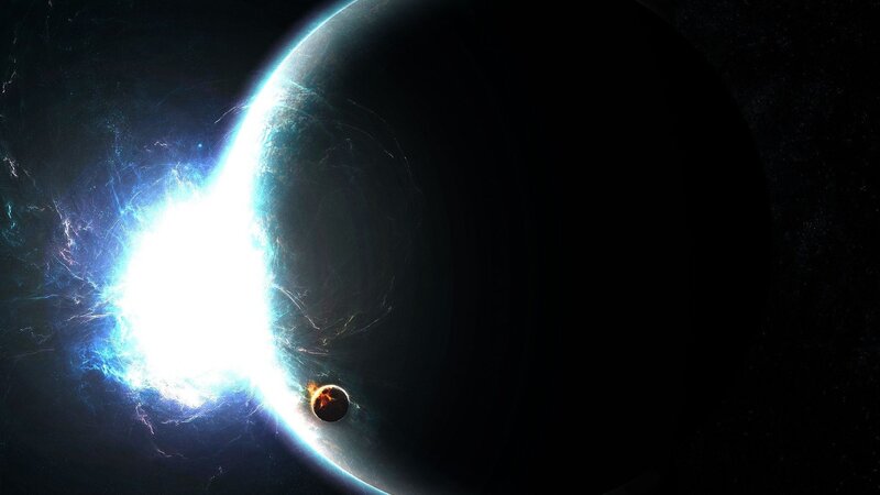 Planet with Moon — Black, Dramatic, Digital Art, Star