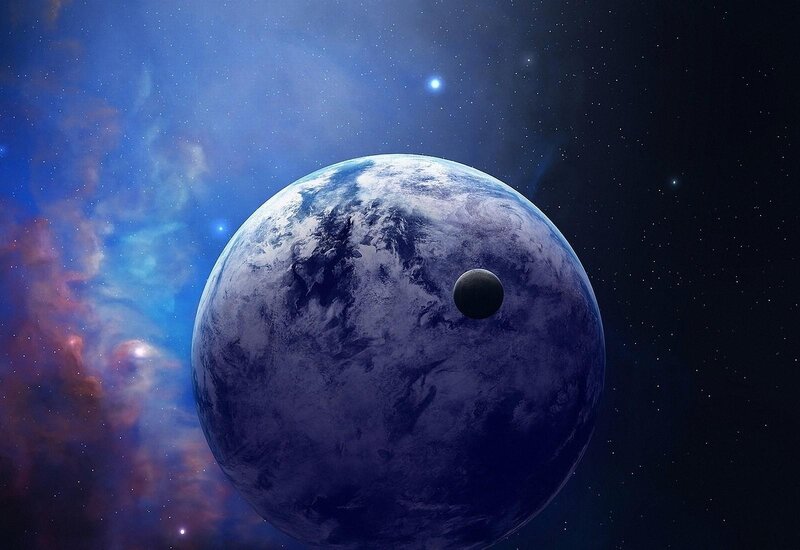 Planet with Moon — Blue, Cosmic, Digital Art