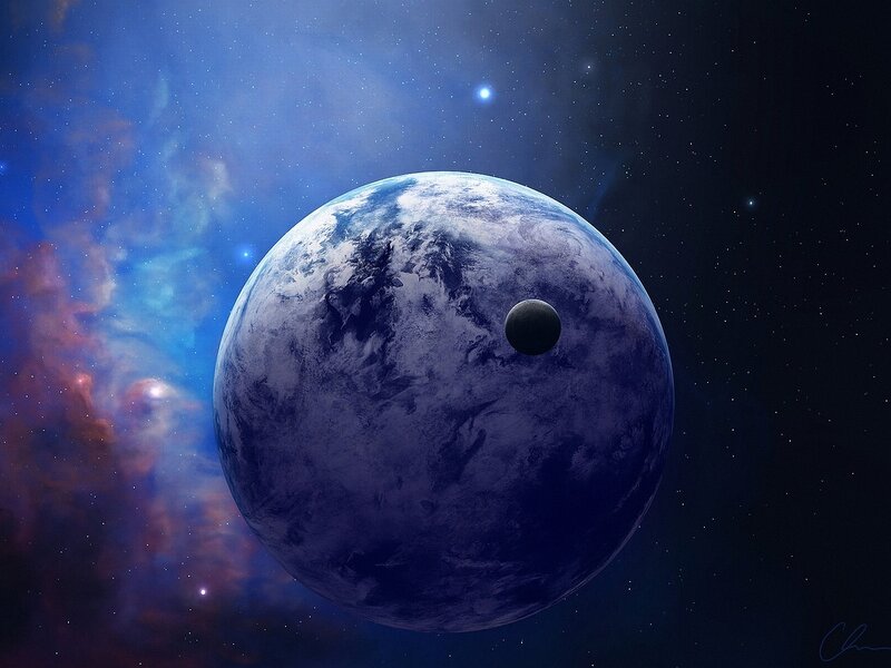 Planet with Moon — Blue, Cosmic