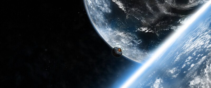 Planet with Moon — Blue, Dramatic, Digital Art, Clouds, Stars