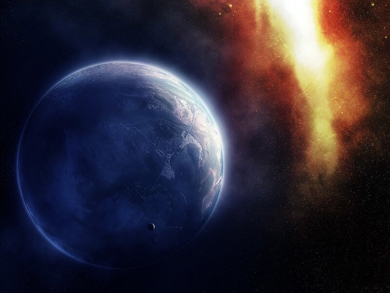 Planet with Moon — Blue, Dramatic, Digital Art, Starfield