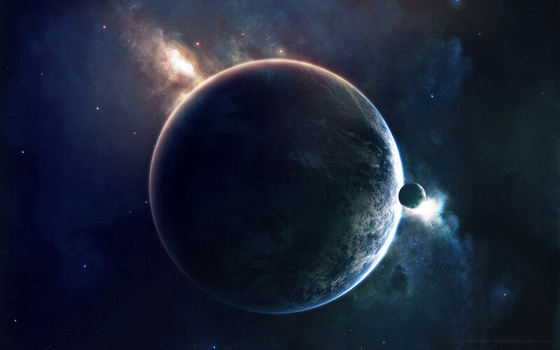 Planet with Moon — Blue, Dramatic, Digital Art, Stars, Nebula