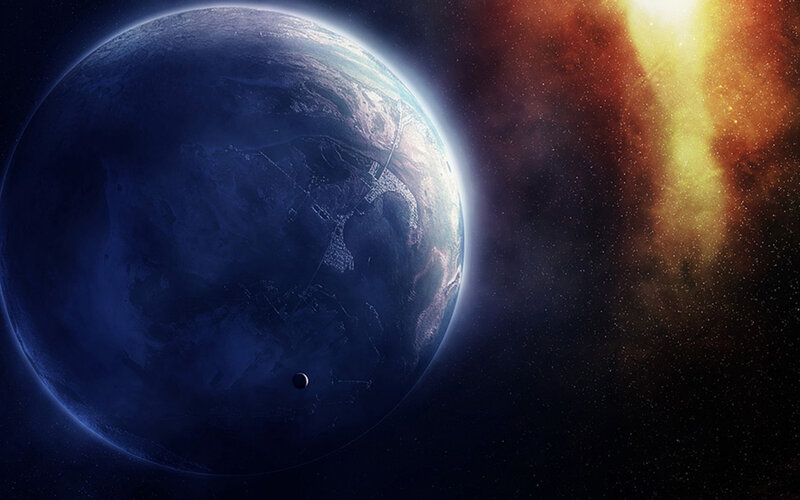 Planet with Moon — Blue, Dramatic, Digital Art