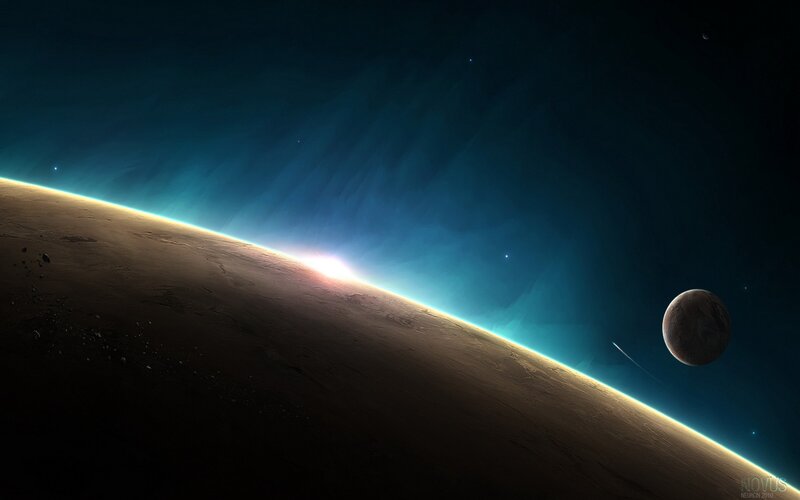 Planet with Moon — Blue, Dramatic, Night, Digital Art, Stars, Asteroids