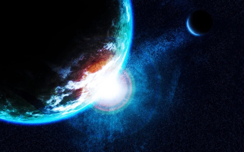 Planet with Moon — Blue, Dramatic, Night, Digital Art, Stars