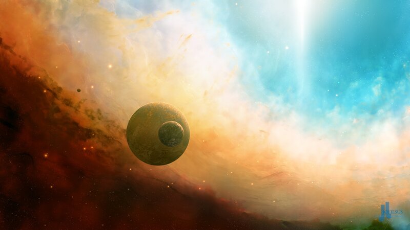 Planet with Moon in Nebula — Blue, Cosmic, Digital Art, Stars, Orange