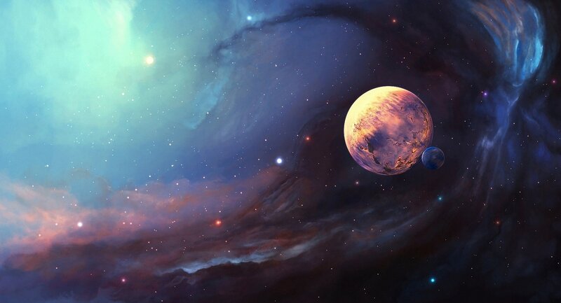 Planet with Moon in Nebula — Blue, Cosmic, Digital Art, Stars, Purple