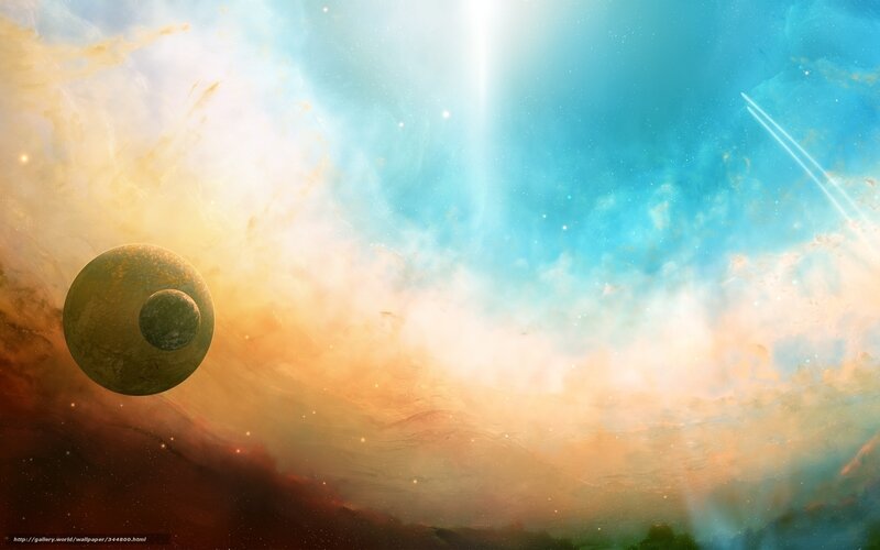 Planet with Moon in Nebula — Blue, Cosmic, Digital Art