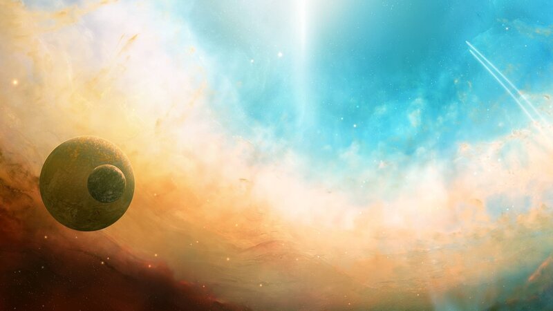 Planet with Moon in Nebula — Blue, Cosmic