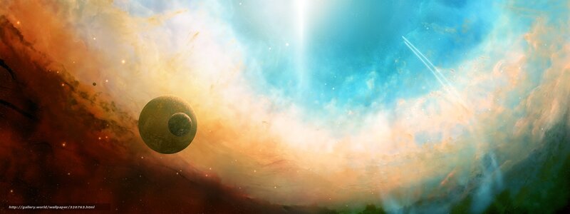 Planet with Moon in Nebula — Blue, Dramatic