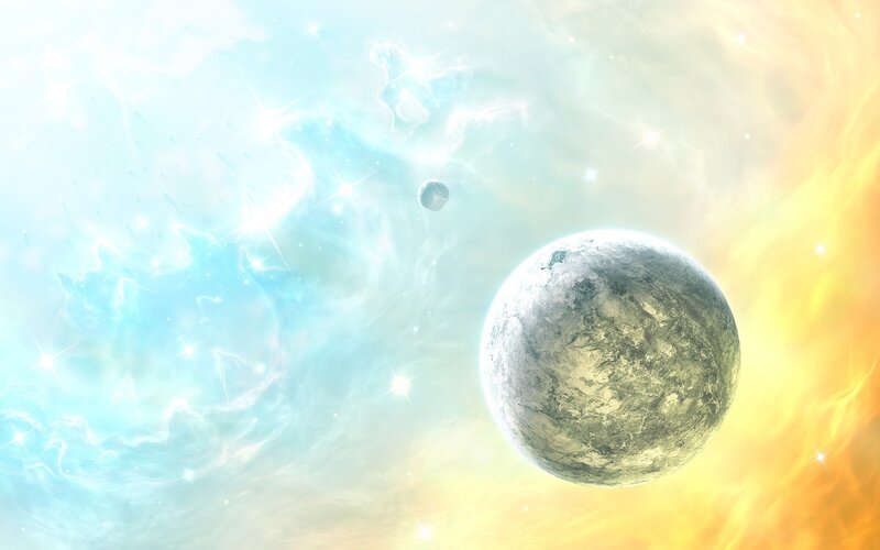 Planet with Moon in Nebula — Blue, Serene