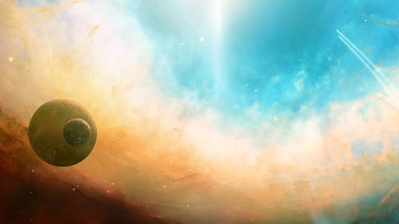 Planet with Moon in Nebula — Blue