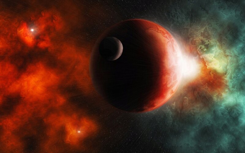 Planet with Moon in Nebula — Red