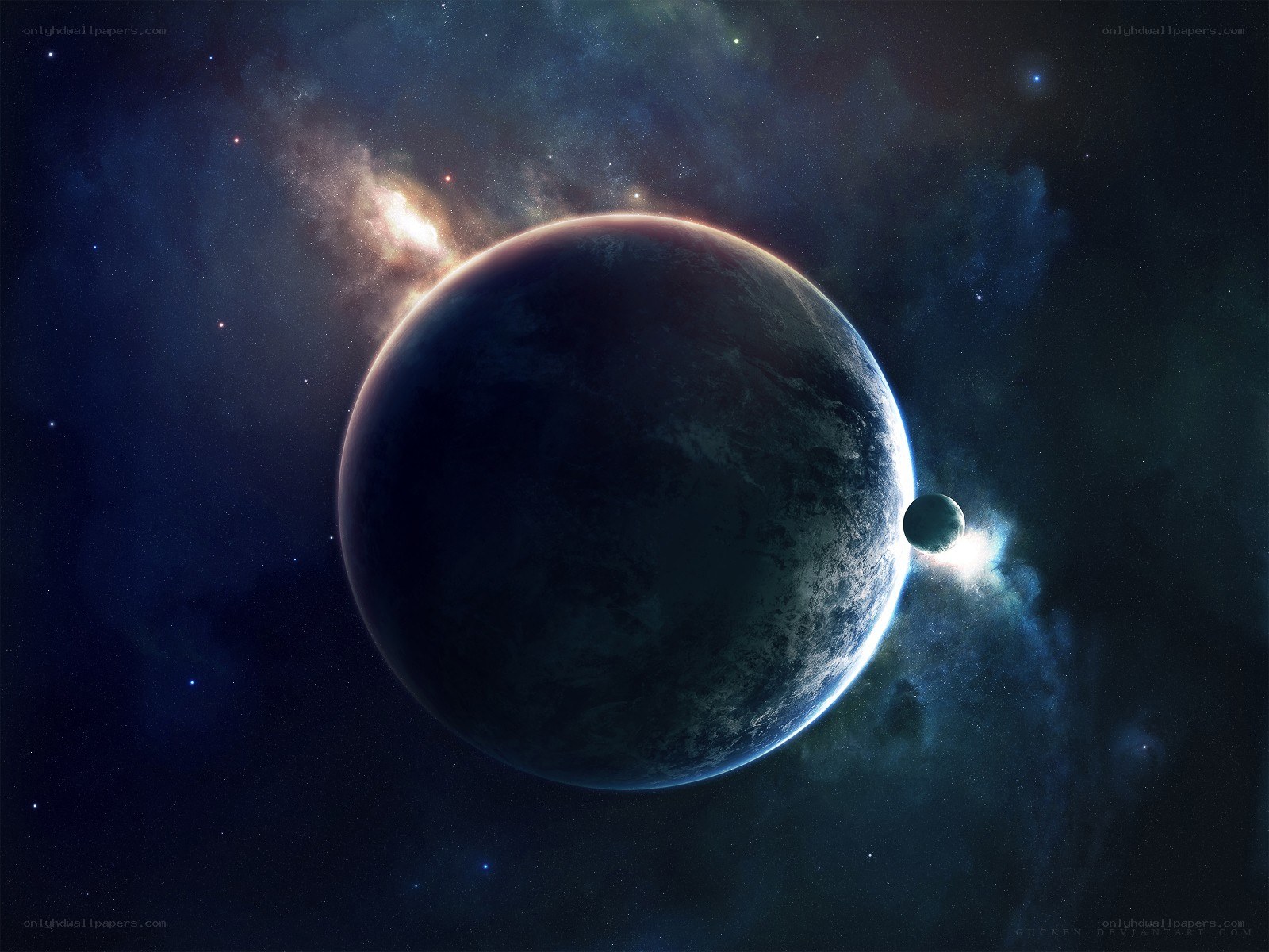 Planet with moon in space