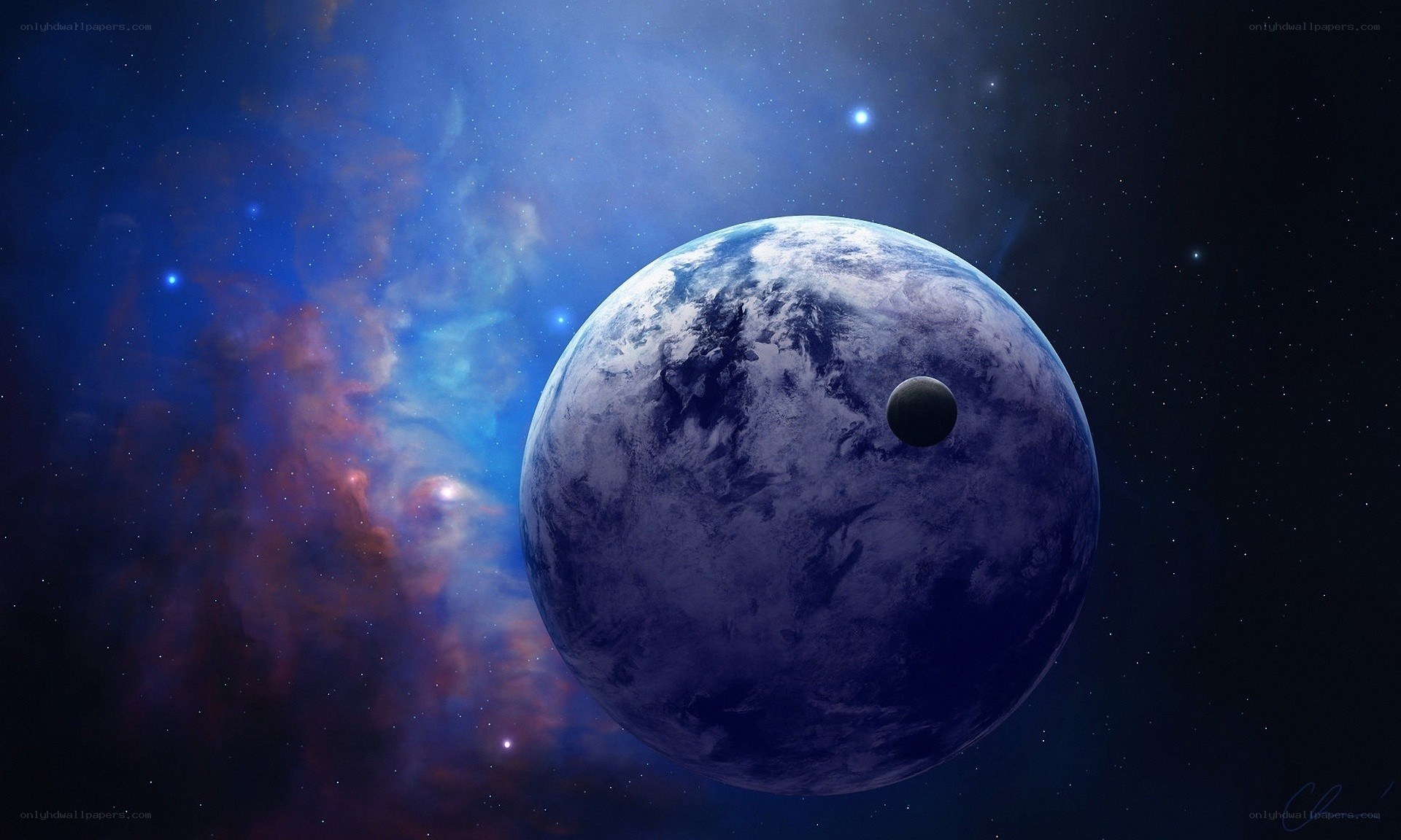 Planet with moon in space