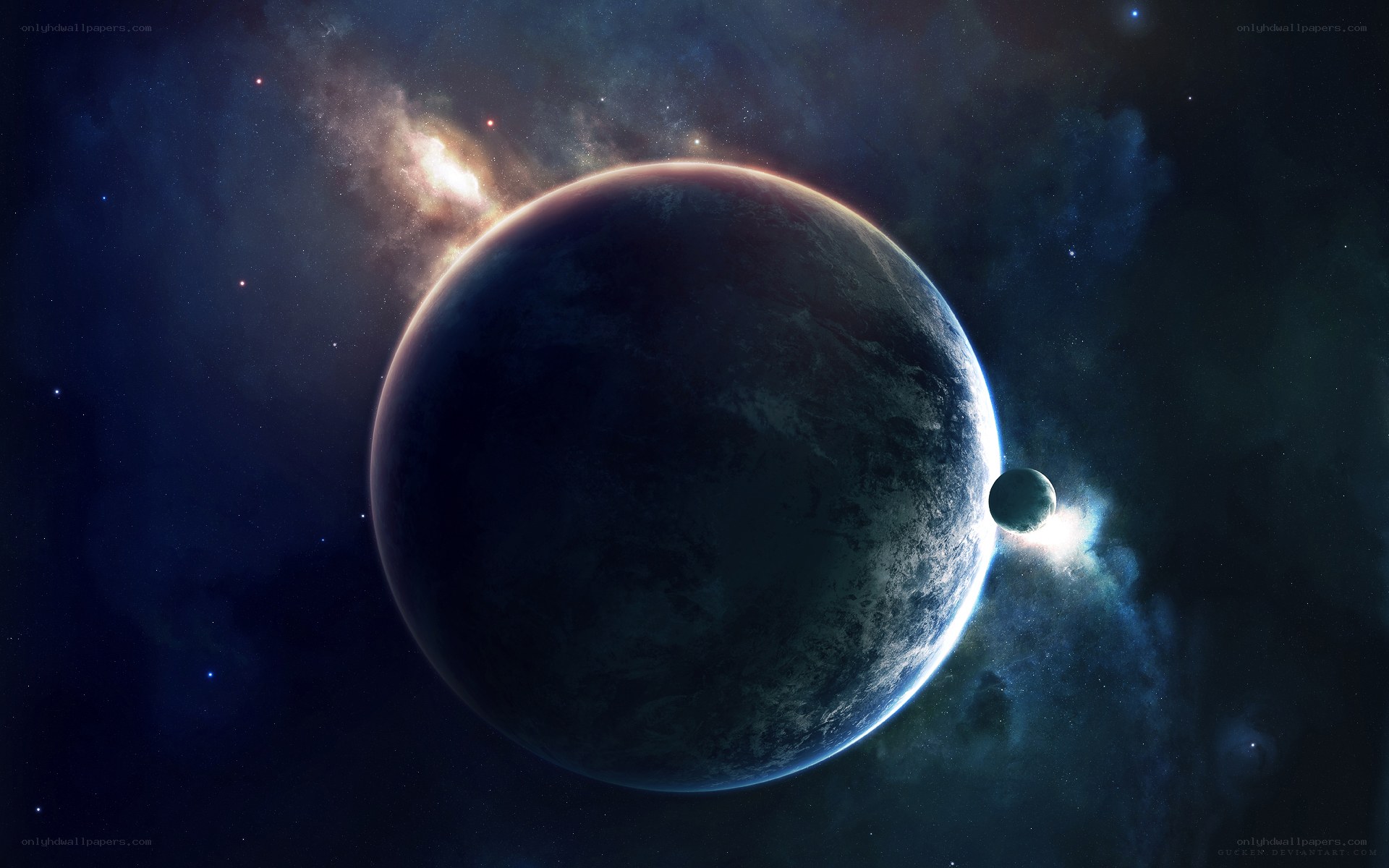 Planet with moon in space