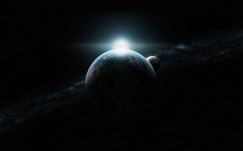 Planet with Moon in Space — Black, Dramatic, 3d Render