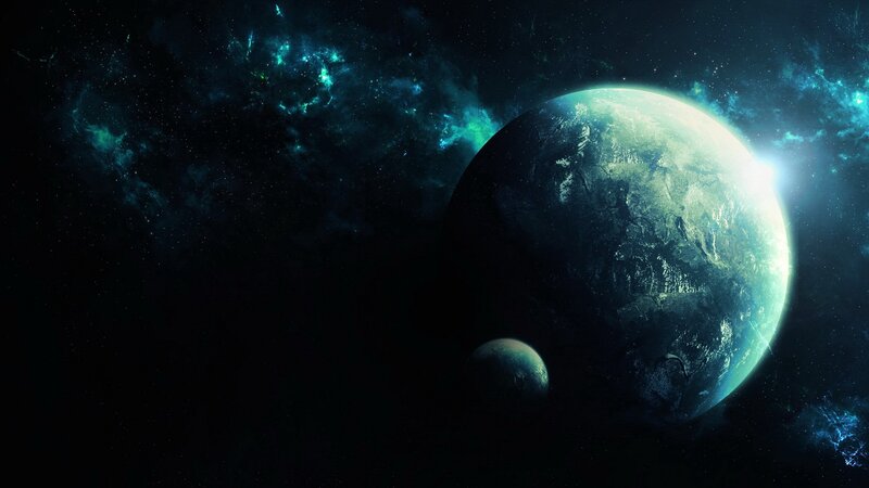 Planet with Moon in Space — Black, Dramatic, Digital Art, Nebula