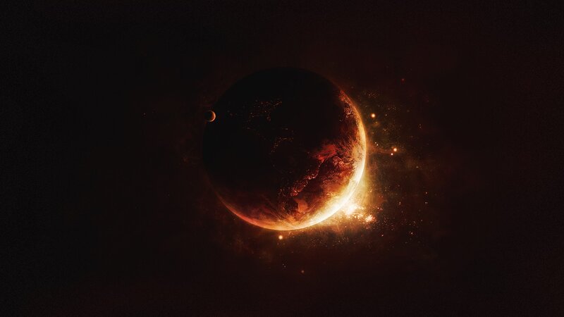 Planet with Moon in Space — Black, Dramatic, Digital Art, Stars