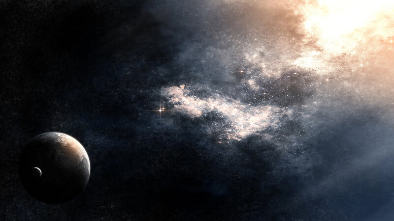 Planet with Moon in Space — Black, Dramatic, Digital Art