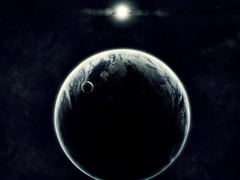 Planet with Moon in Space — Black, Dramatic, Night, Digital Art, Star, White
