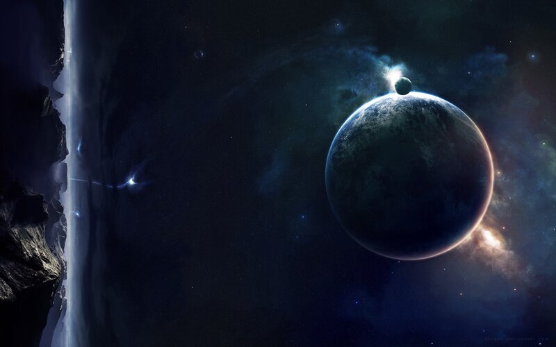 Planet with Moon in Space — Black, Dramatic, Night, Digital Art, Stars, Nebula