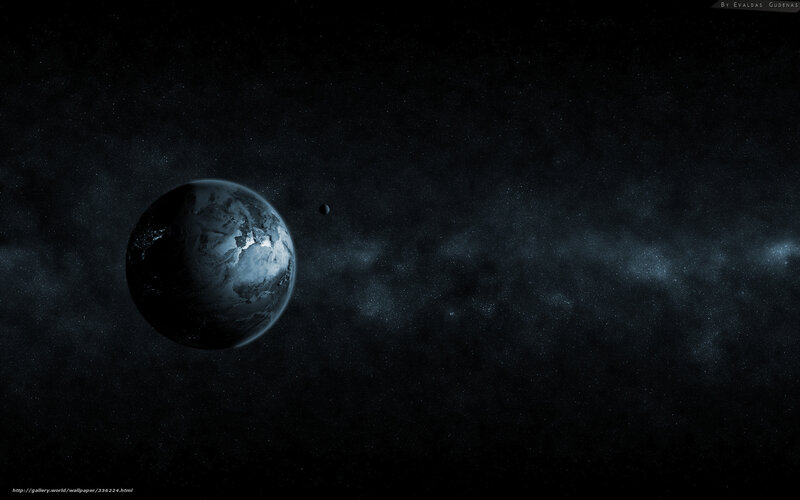 Planet with Moon in Space — Black, Dramatic, Night, Digital Art, Stars